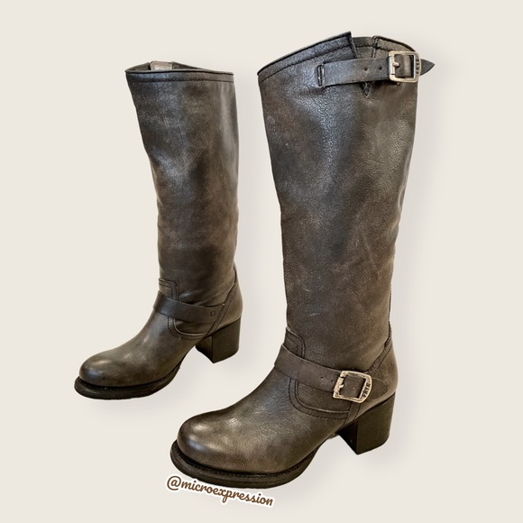 Frye Vera Slouch Grey Black Leather Block Heel Moto Knee High Tall Buckle Boot - Picture 8 of 13